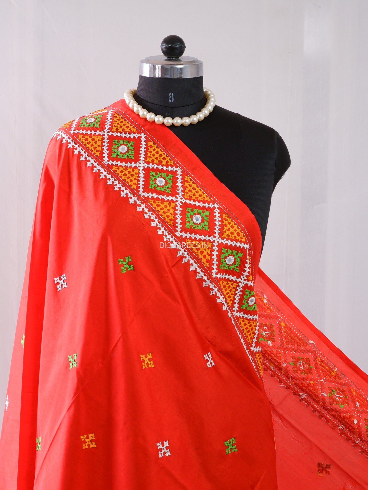 Kutchi Work Dupatta | Blended Bangalore Silk | Foil Mirror | Red