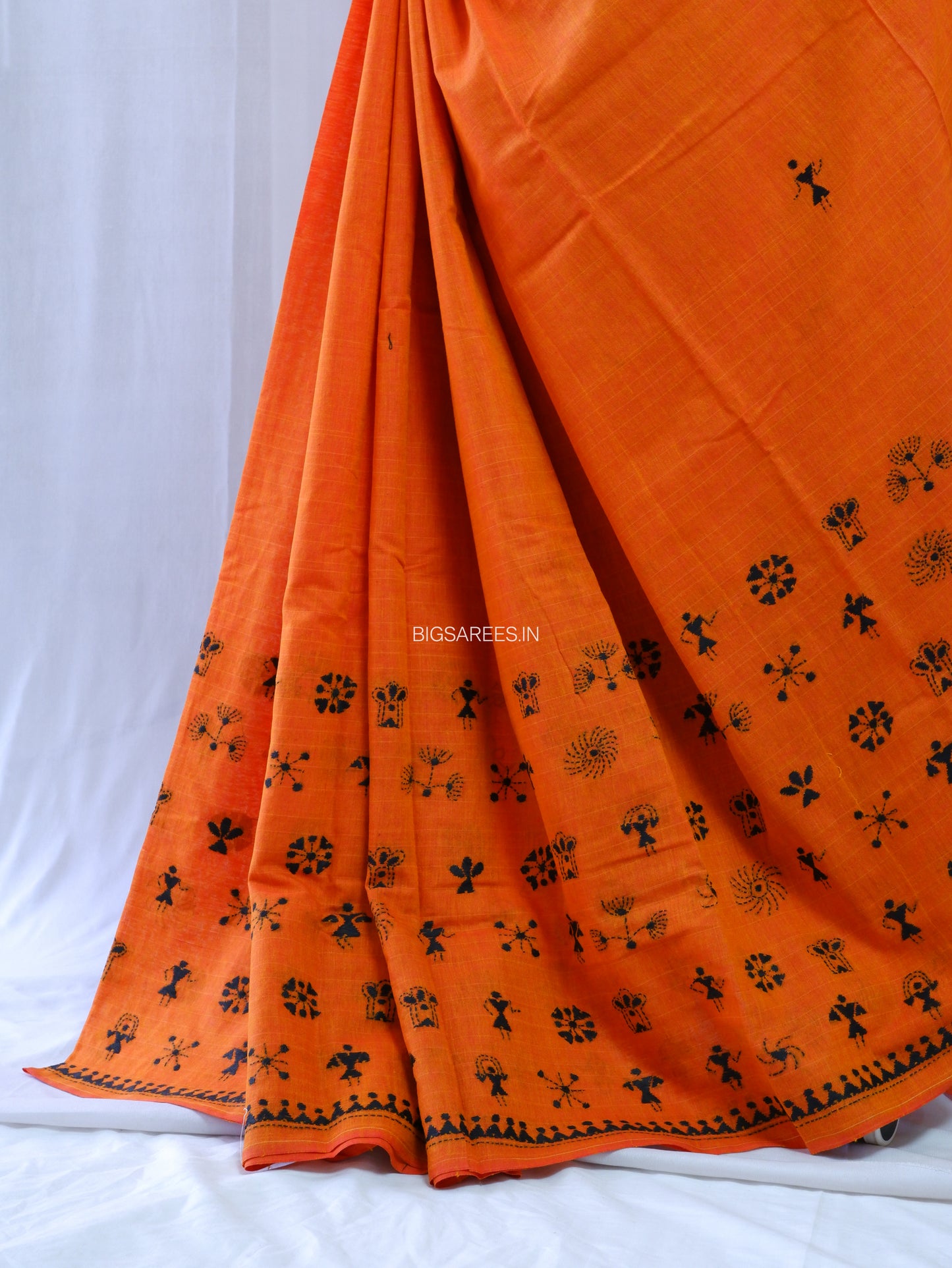 Kantha Hand-Embroidered Saree | Pure Khadi Cotton | Orange