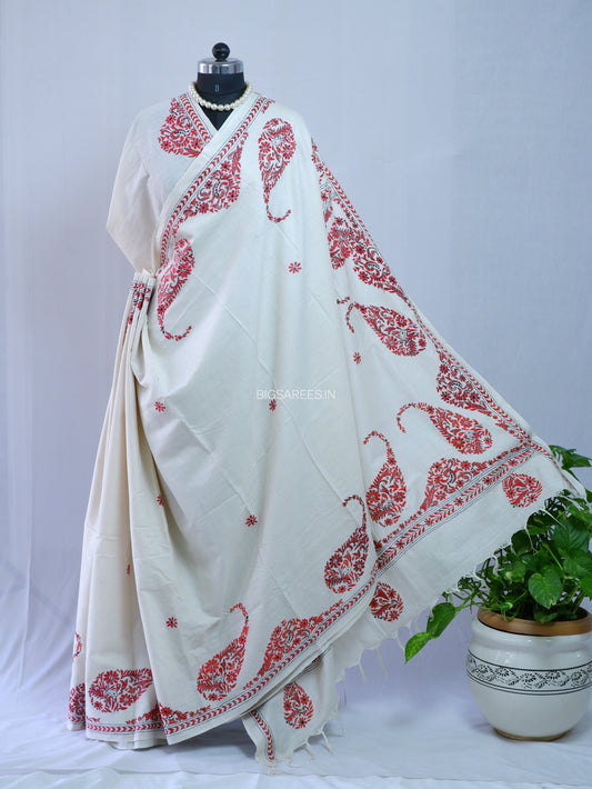 Kantha Hand-Embroidered Saree | Pure Khadi Cotton | White
