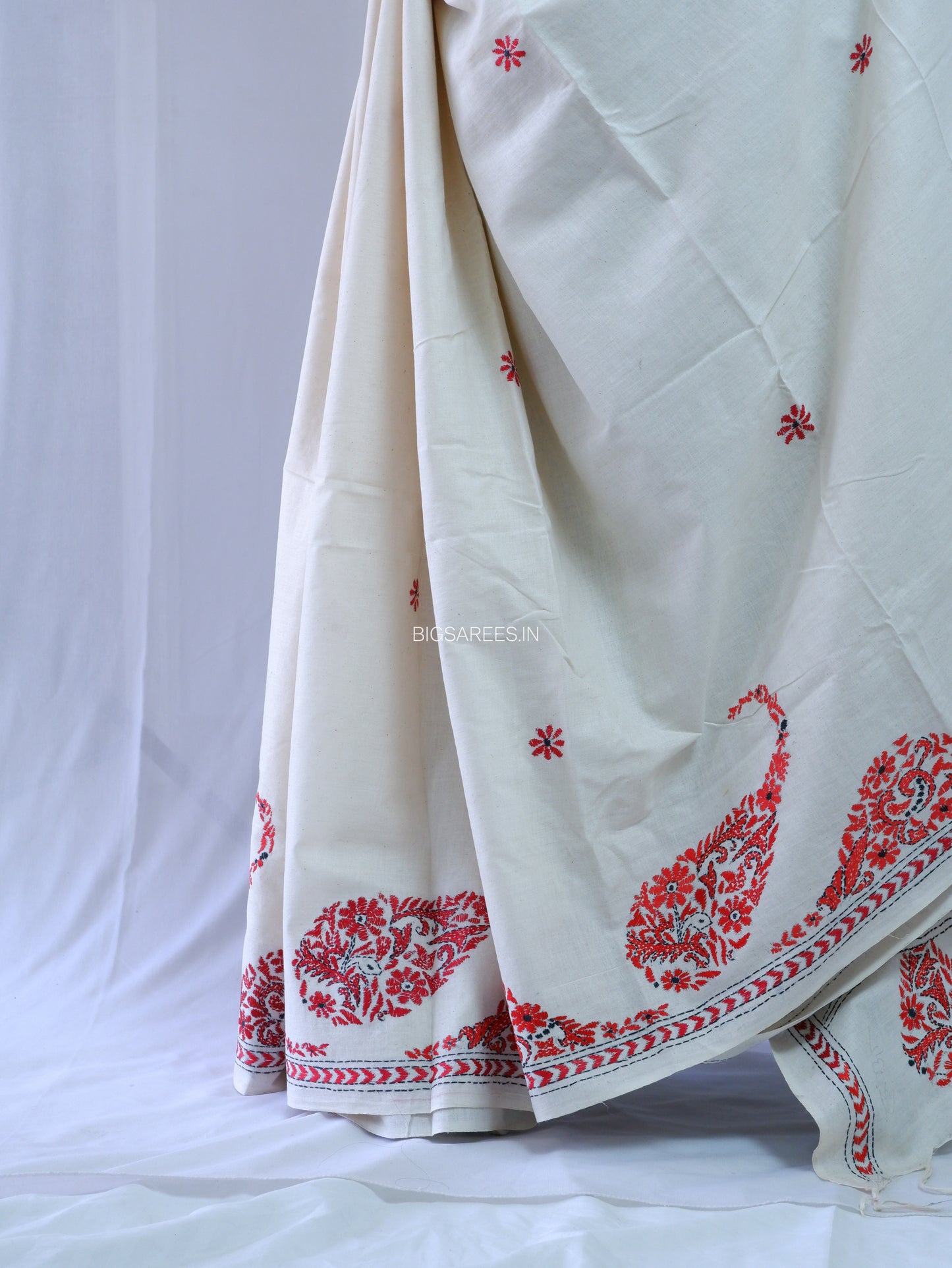 Kantha Hand-Embroidered Saree | Pure Khadi Cotton | White