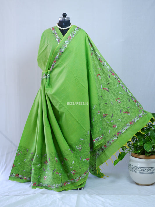 Kantha Hand-Embroidered Saree | Pure Khadi Cotton | Parrot Green