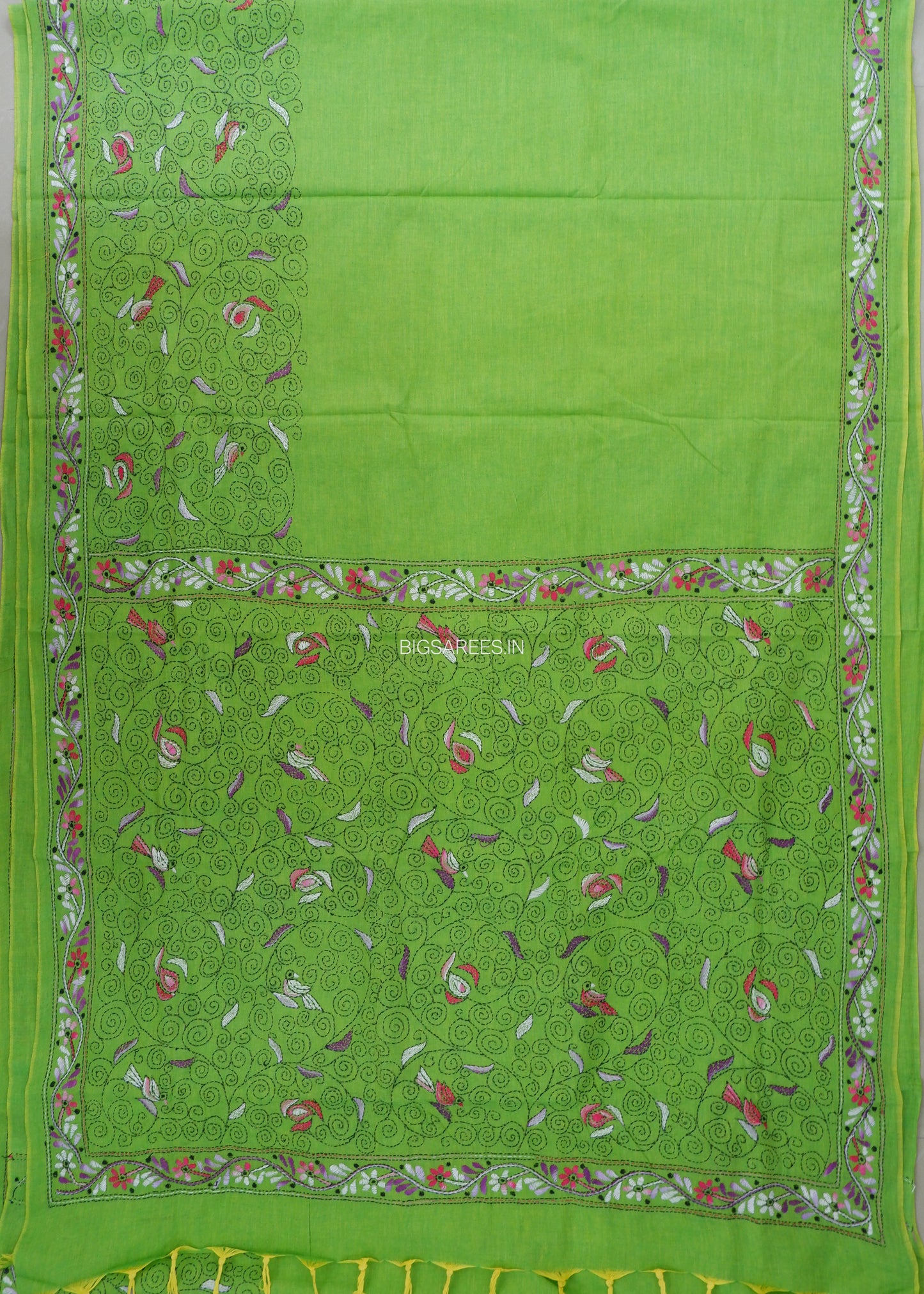 Kantha Hand-Embroidered Saree | Pure Khadi Cotton | Parrot Green