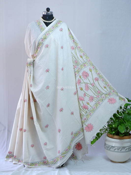Kantha Hand-Embroidered Saree | Pure Khadi Cotton | White