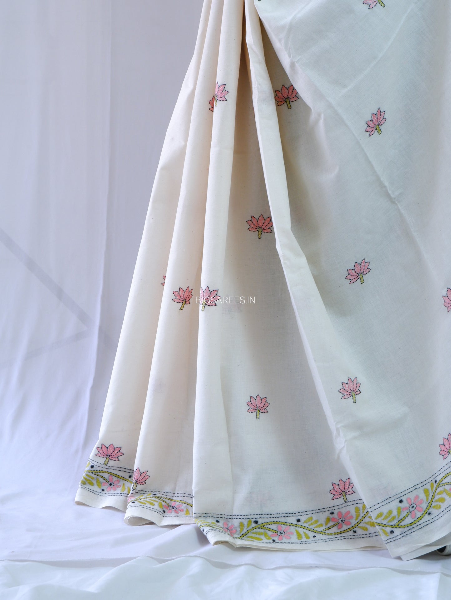 Kantha Hand-Embroidered Saree | Pure Khadi Cotton | White