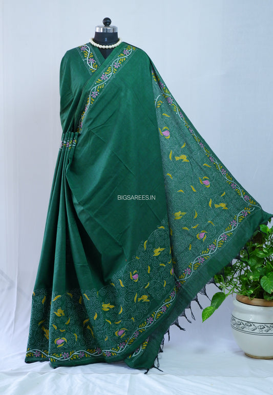Kantha Hand-Embroidered Saree | Pure Khadi Cotton | Dark Green