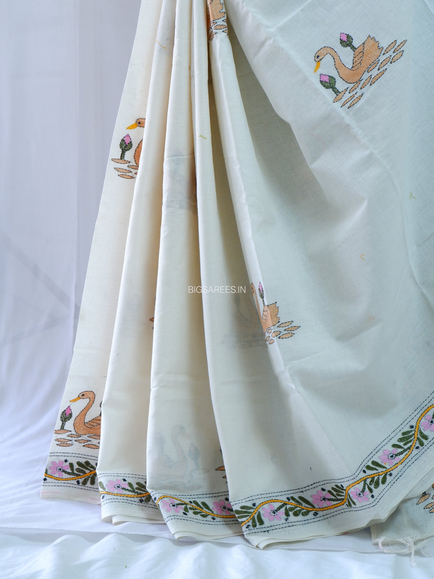 Kantha Hand-Embroidered Saree | Pure Khadi Cotton | White