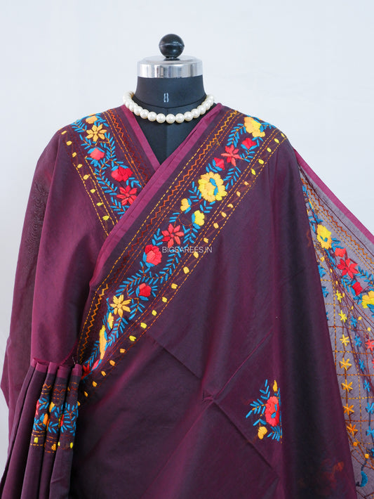 Phulkari Hand-Embroidered Saree | Chanderi Silk | Purple