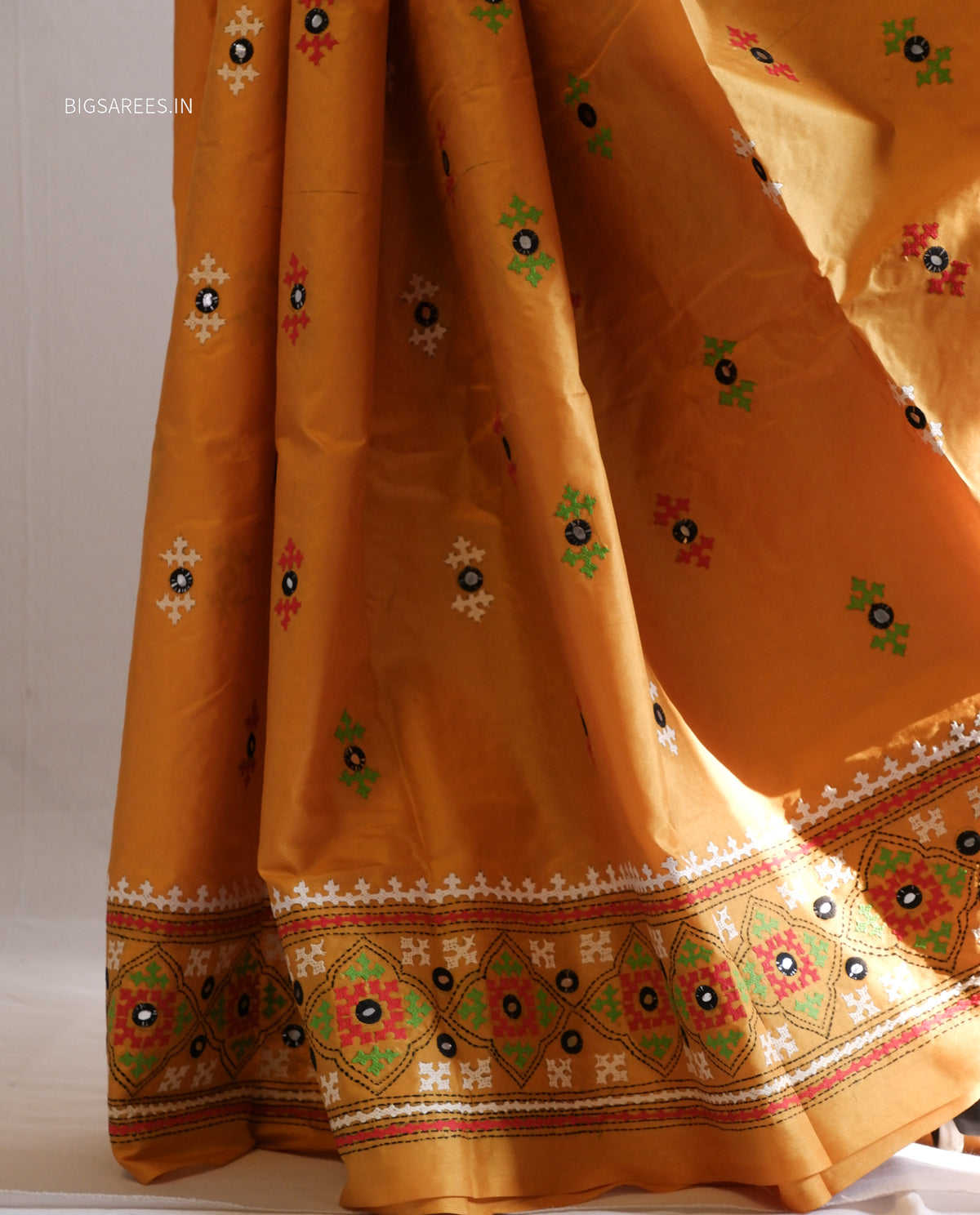 Kutch Hand Embroidered Saree| Pure Bangalore Silk | Yellow