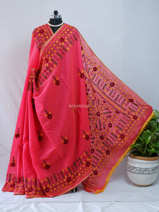 Phulkari Hand-Embroidered Saree | Chanderi Silk | Pink