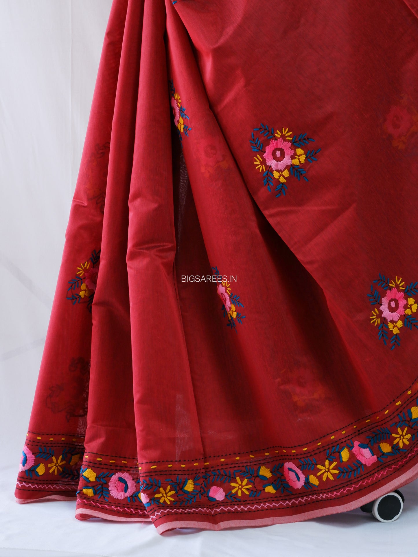 Phulkari Hand-Embroidered Saree | Chanderi Silk | Red