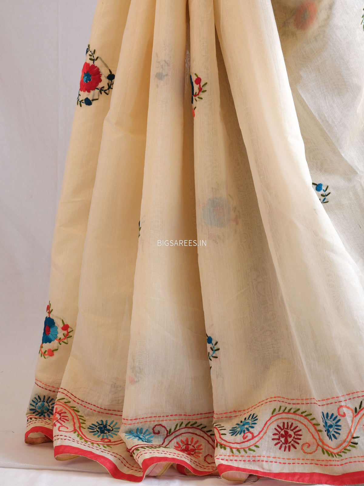 Phulkari Hand-Embroidered Saree | Chanderi Silk | Scrolled Parchment