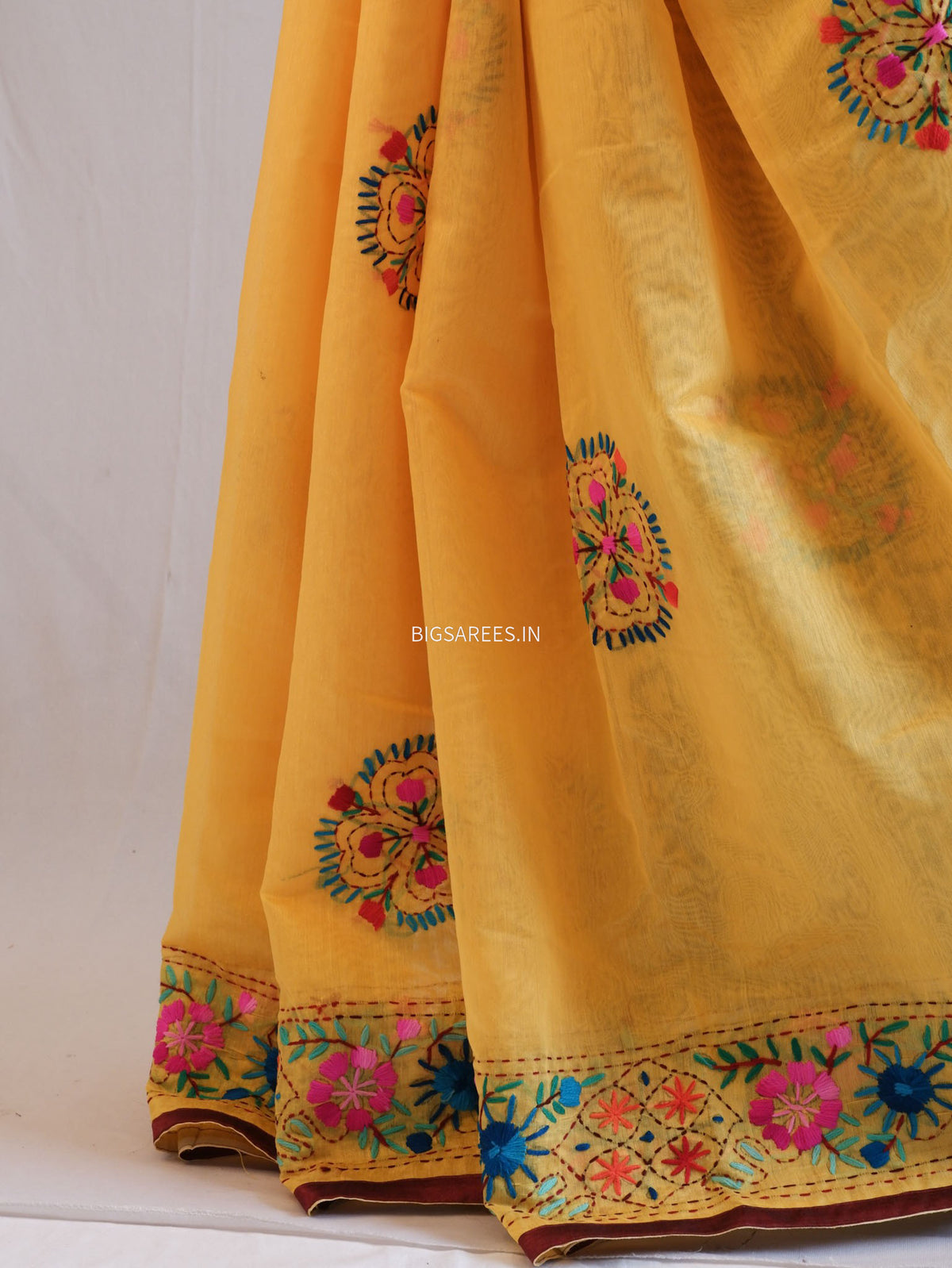 Phulkari Hand-Embroidered Saree | Chanderi Silk | Medium Chrome Yellow