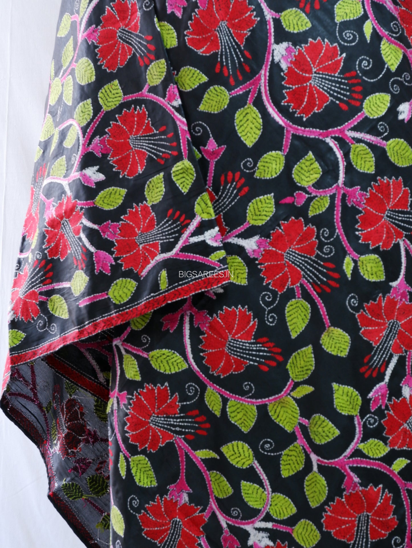 Kantha Hand-Embroidered Dupatta | Blended Bangalore Silk | Full Work | Black