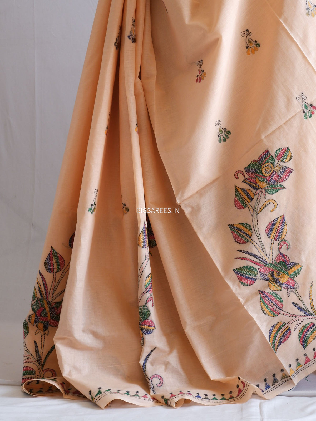 Kantha Hand-Embroidered Saree | Pure Mal Mal Cotton | Pale Orange
