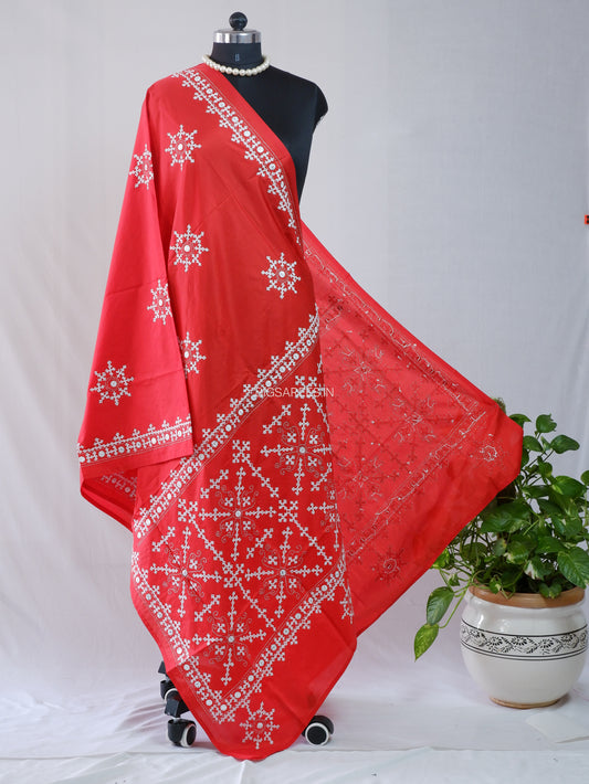 Kutchi Work Dupatta | Blended Bangalore Silk | Foil Mirror | Red