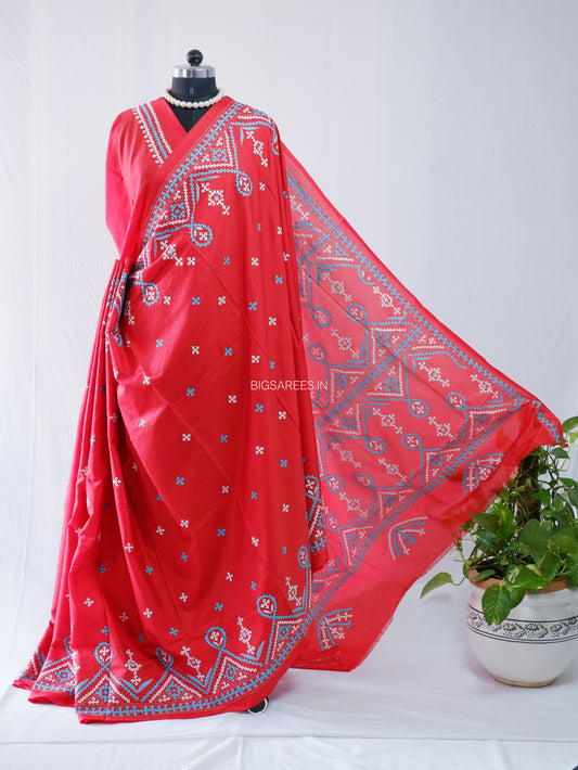 Kutchi/Gujarati Hand Embroidered Saree | Blended Bangalore Silk / Art Silk | Red