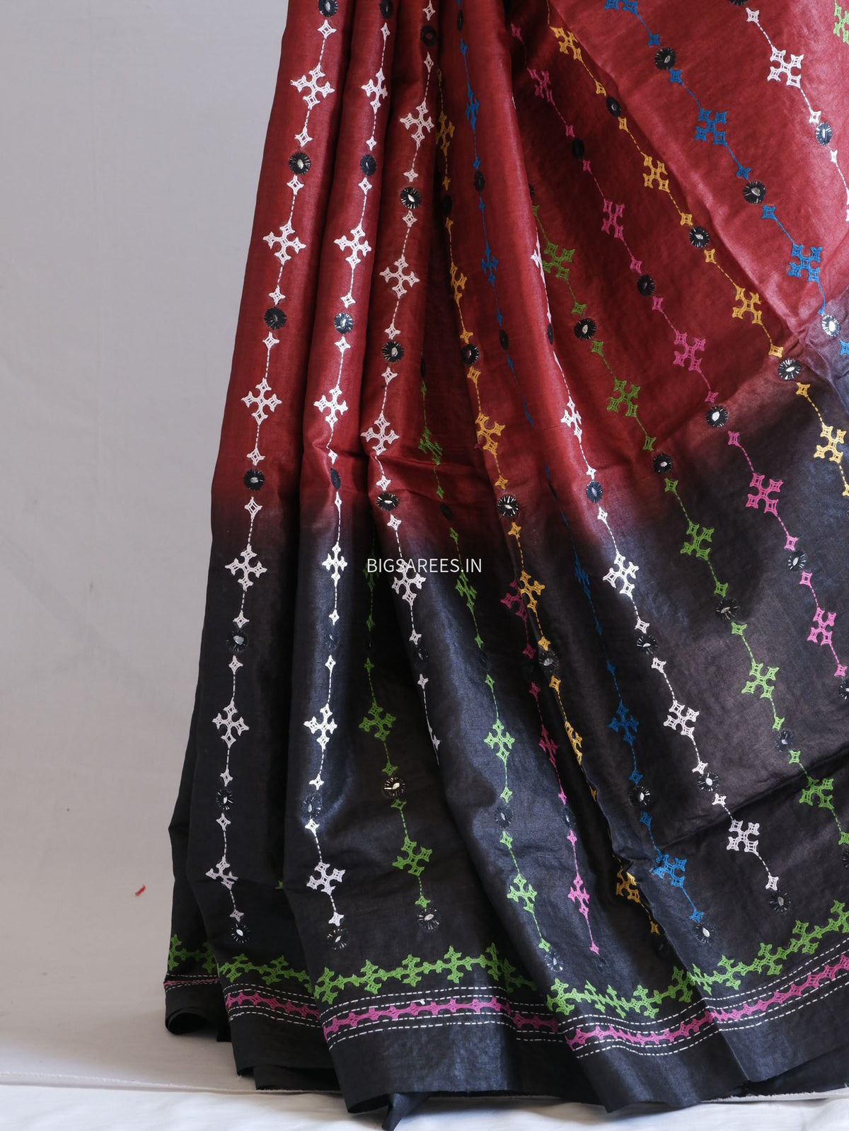 Kutchi Hand Embroidered Saree | Tassar Silk | Silk Marked | Red/Black