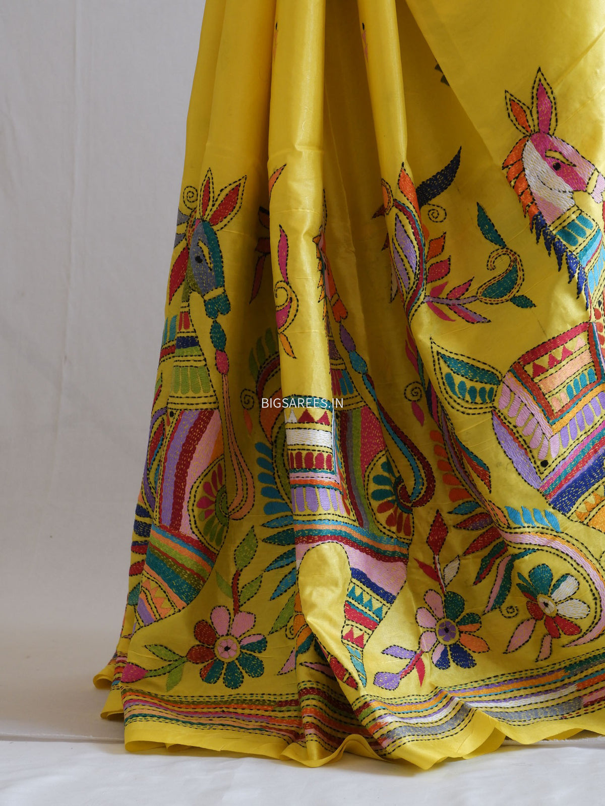 Kantha - Stitch Hand Embroidered Saree | Blended Bangalore Silk / Art Silk | Bright Yellow