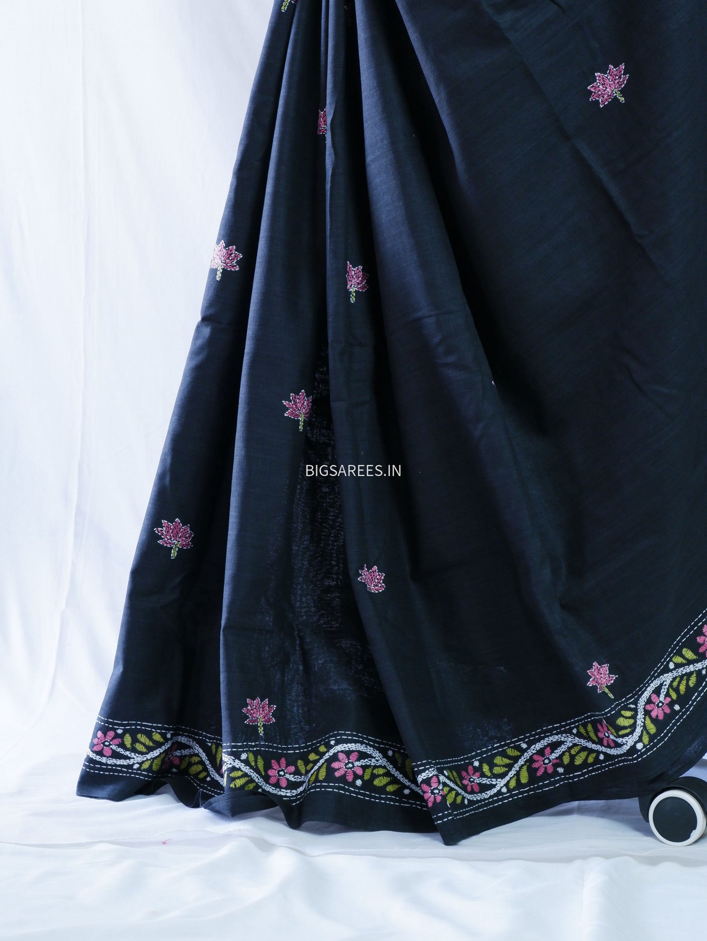 Kantha stitch Khadi Cotton Saree - Black