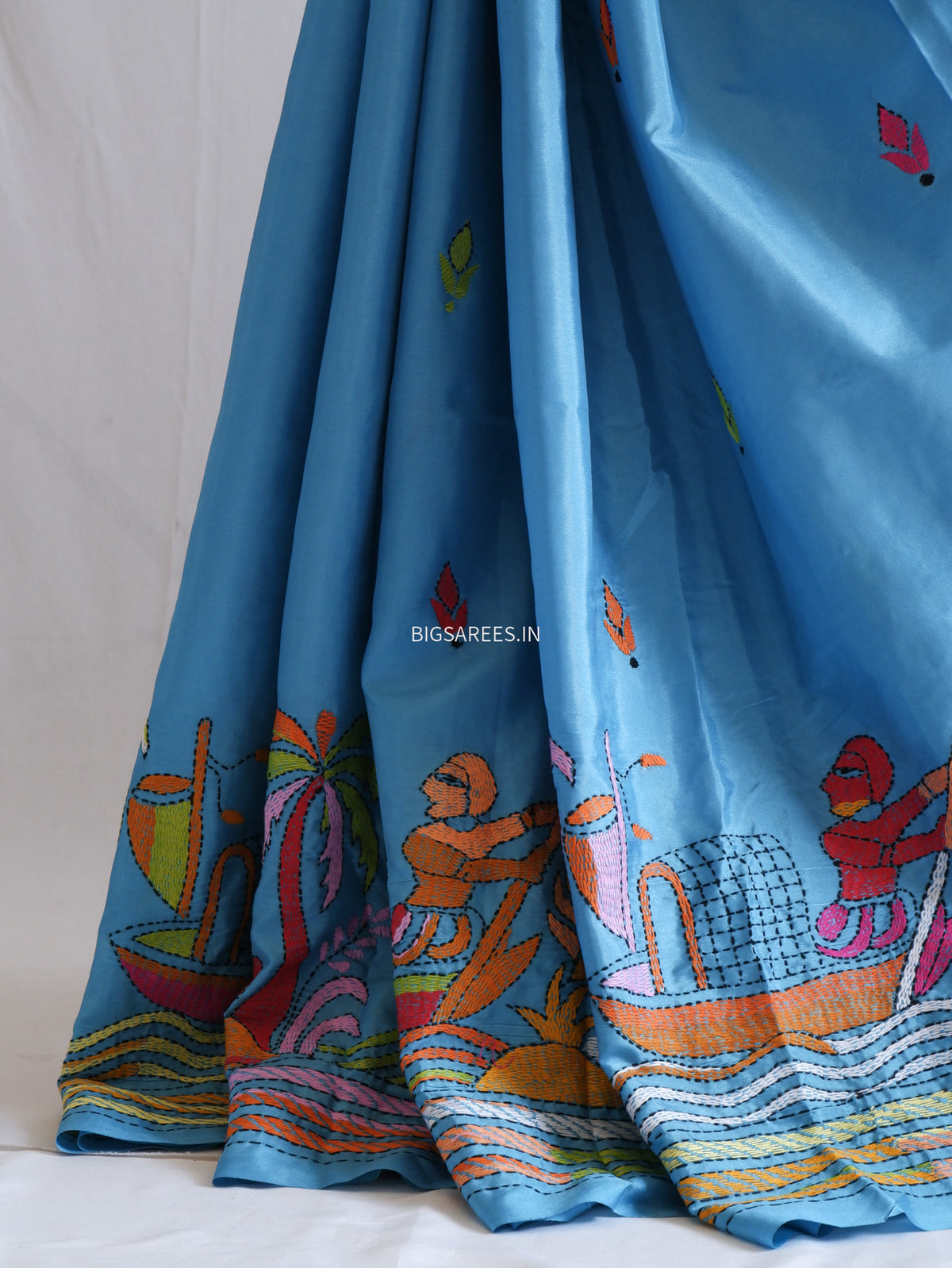 Kantha Stitch Hand Embroidered Saree | Blended Bangalore Silk / Art Silk | Sky Blue