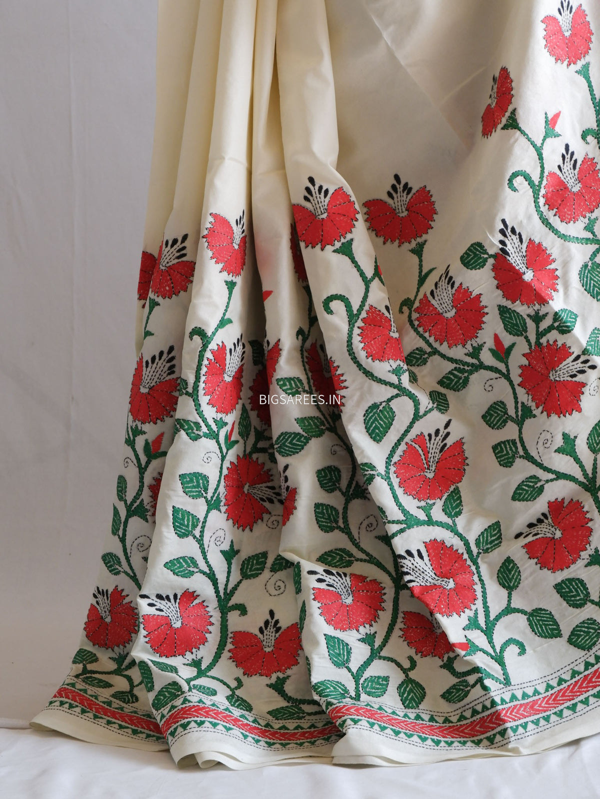 Kantha Stitch Hand Embroidered Saree | Mix Tussar Silk | Off White