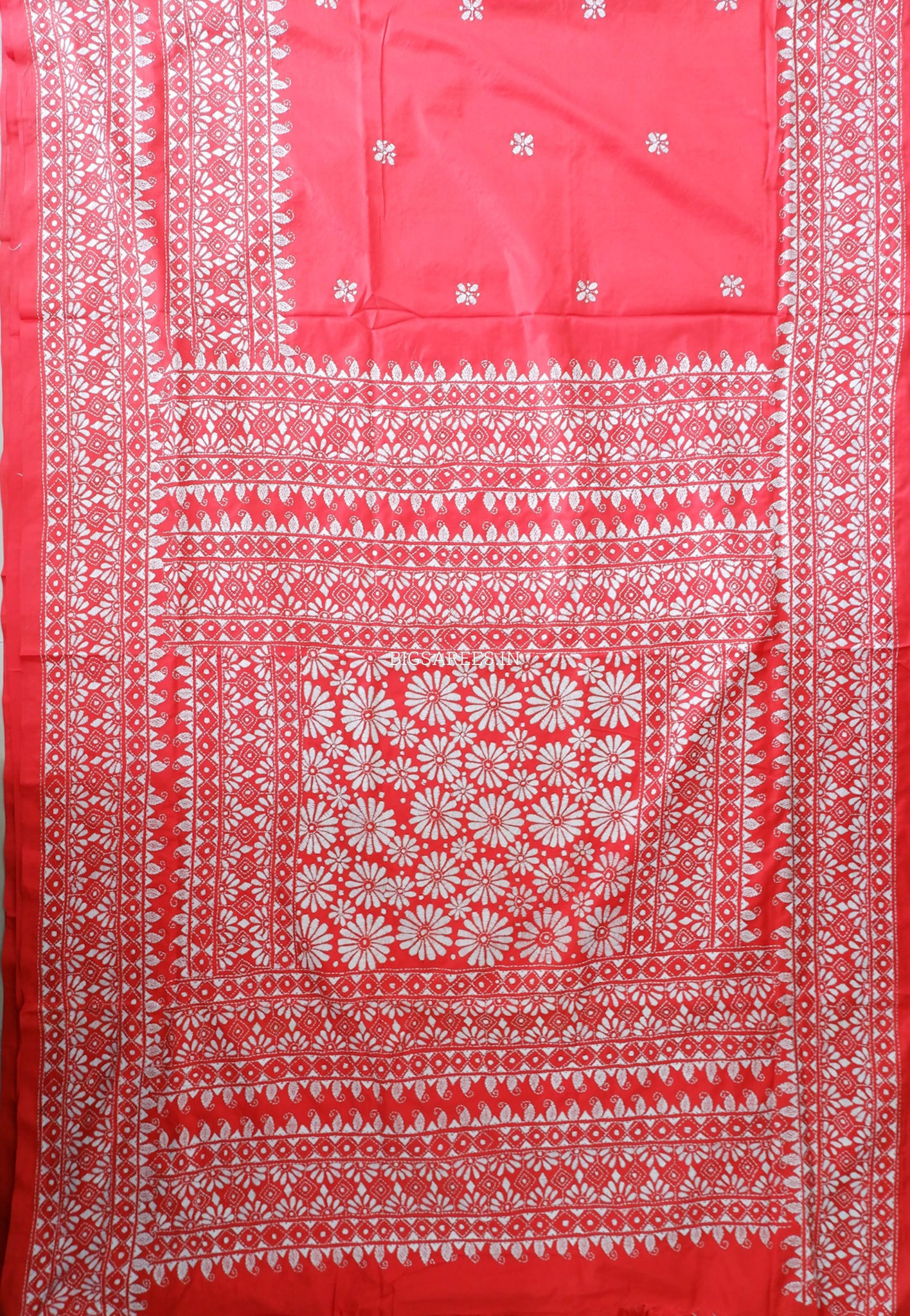 Kantha - Stitch Hand Embroidered Saree | Blended Bangalore Silk / Art Silk | Red