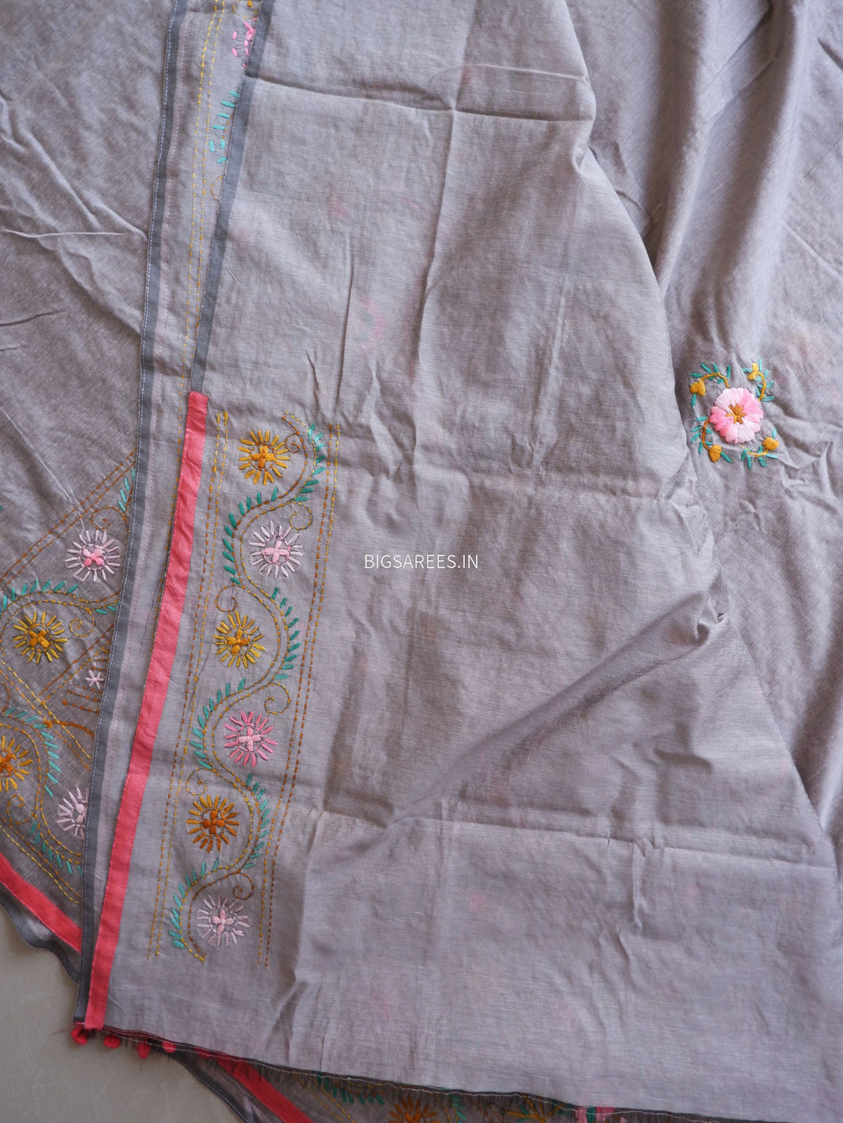 Phulkari Hand-Embroidered Saree | Chanderi Silk | Greyish Brown