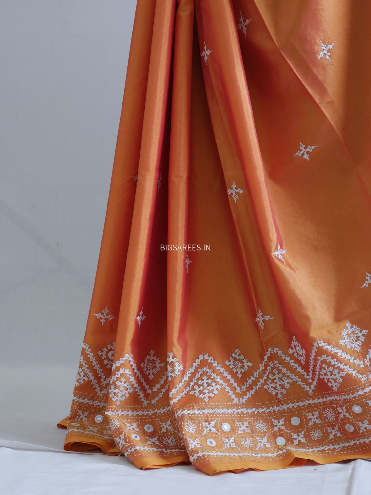 Kutchi/Gujarati Stitch Hand Embroidered Saree | Art Silk | Foil Mirror | Orange