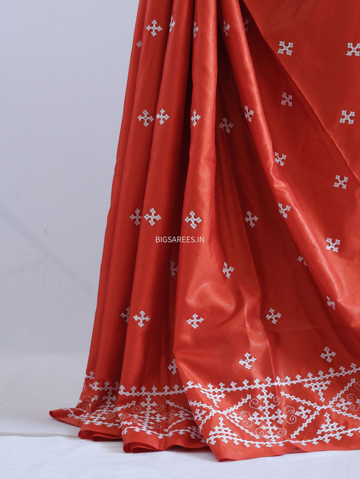 Kutchi/Gujarati Stitch Hand Embroidered Saree | Art Silk | Dark Orange