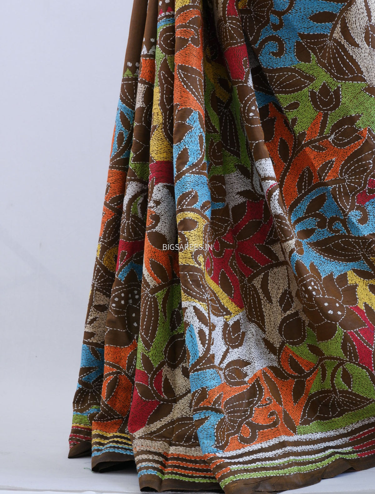 Reverse Kantha - Stitch Hand Embroidered Saree | Art Silk | Brown