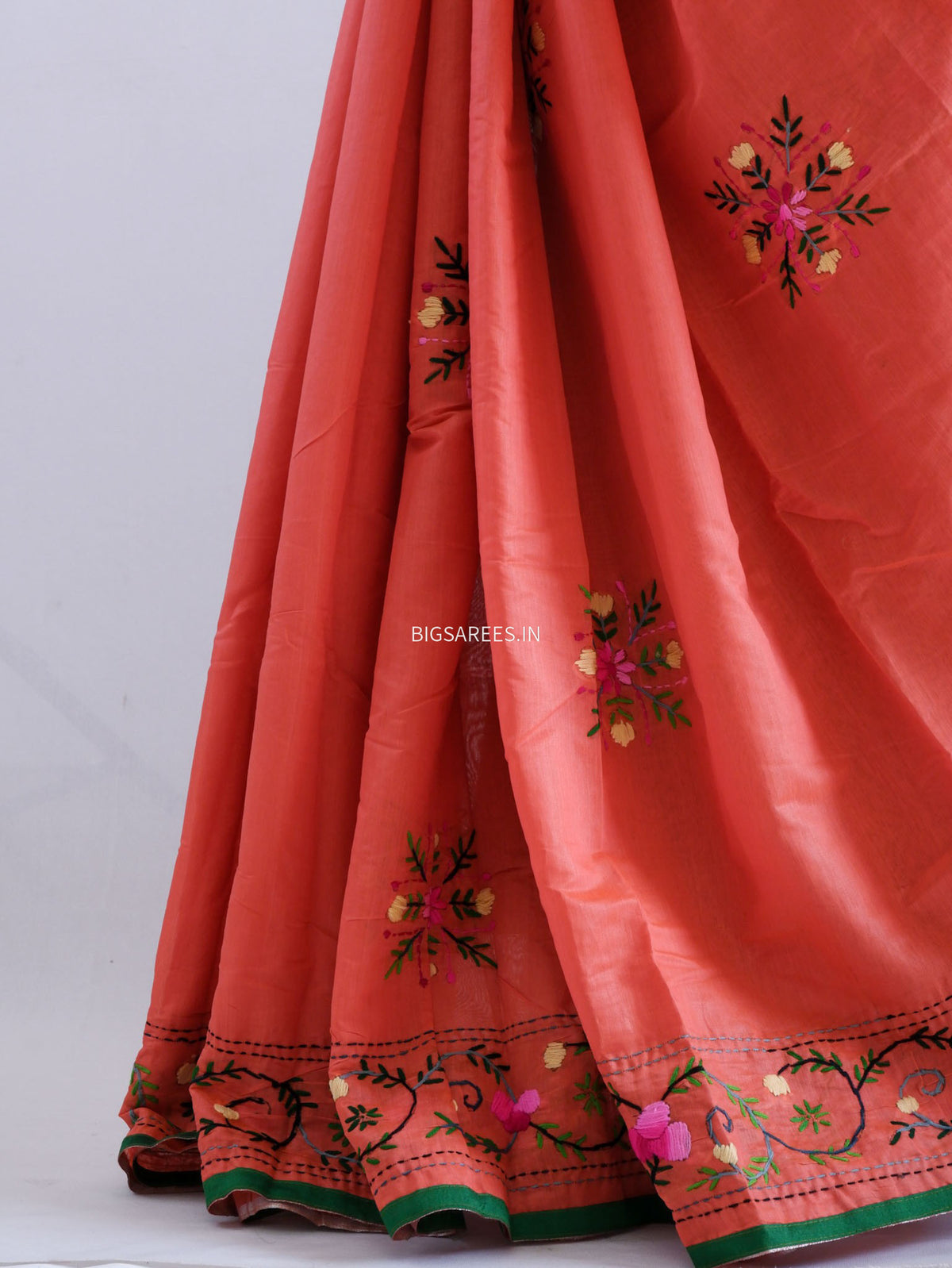 Phulkari Hand-Embroidered Saree | Chanderi Silk | Scarlet Red