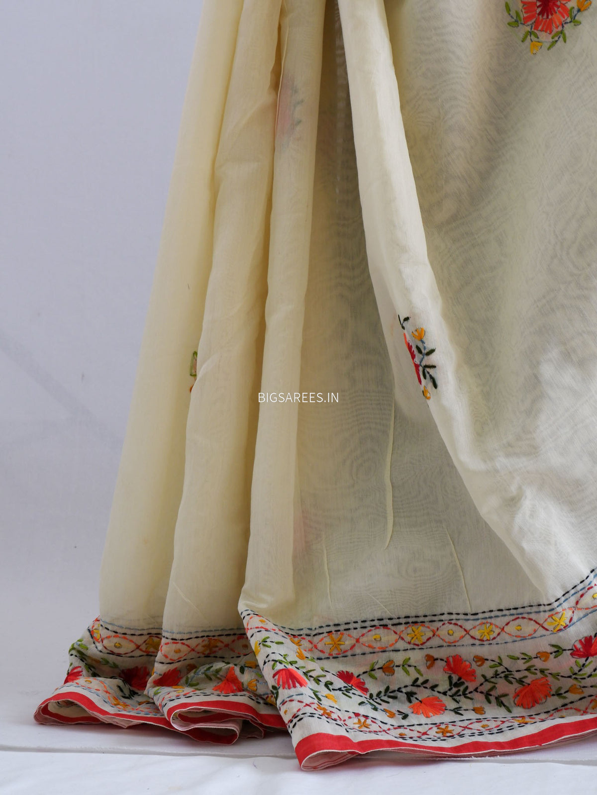 Phulkari Hand-Embroidered Saree | Chanderi Silk | Soft Green