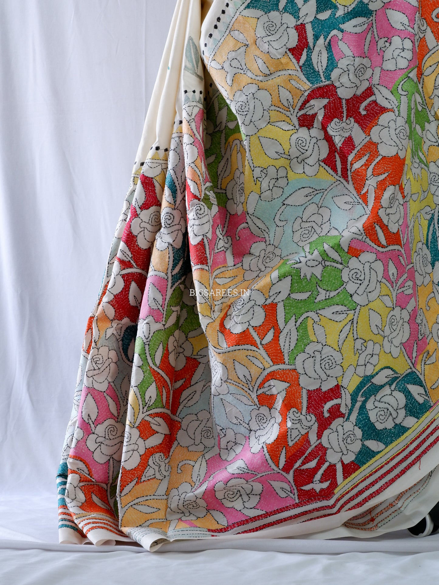 Reverse Kantha Stitch Hand Embroidered Saree | Mix Tussar Silk | Off White