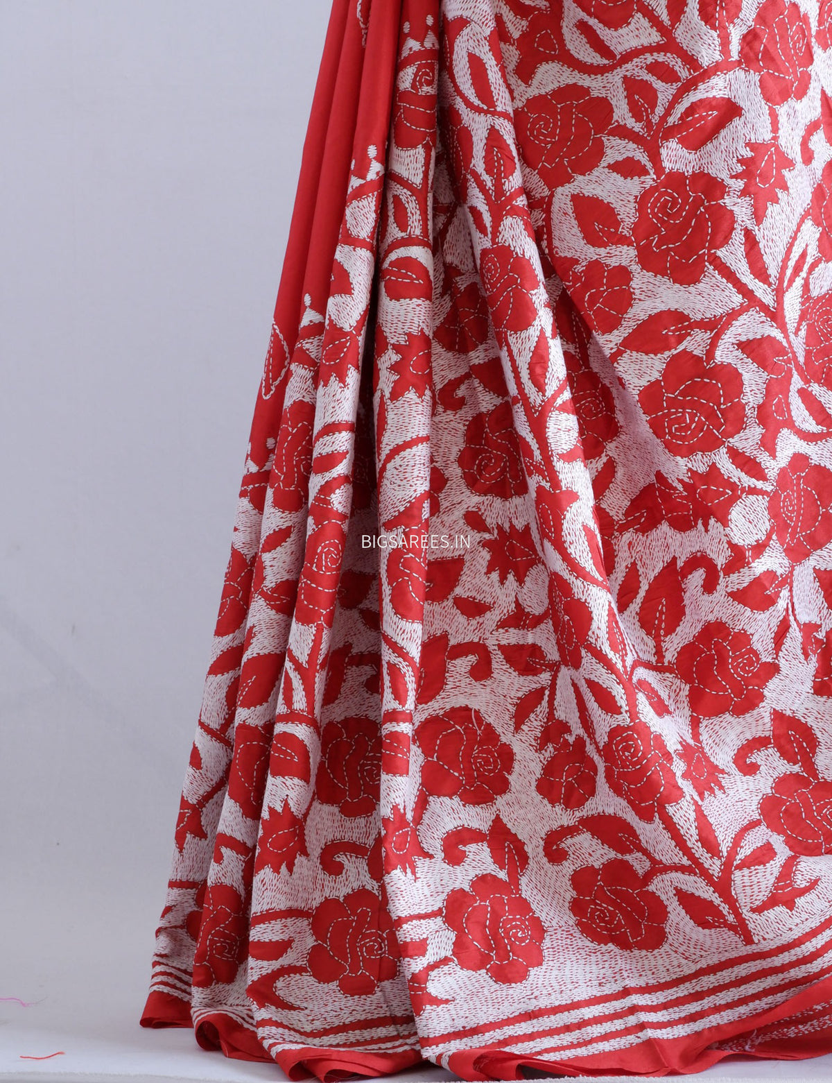 Reverse Kantha - Stitch Hand Embroidered Saree | Art Silk | Red