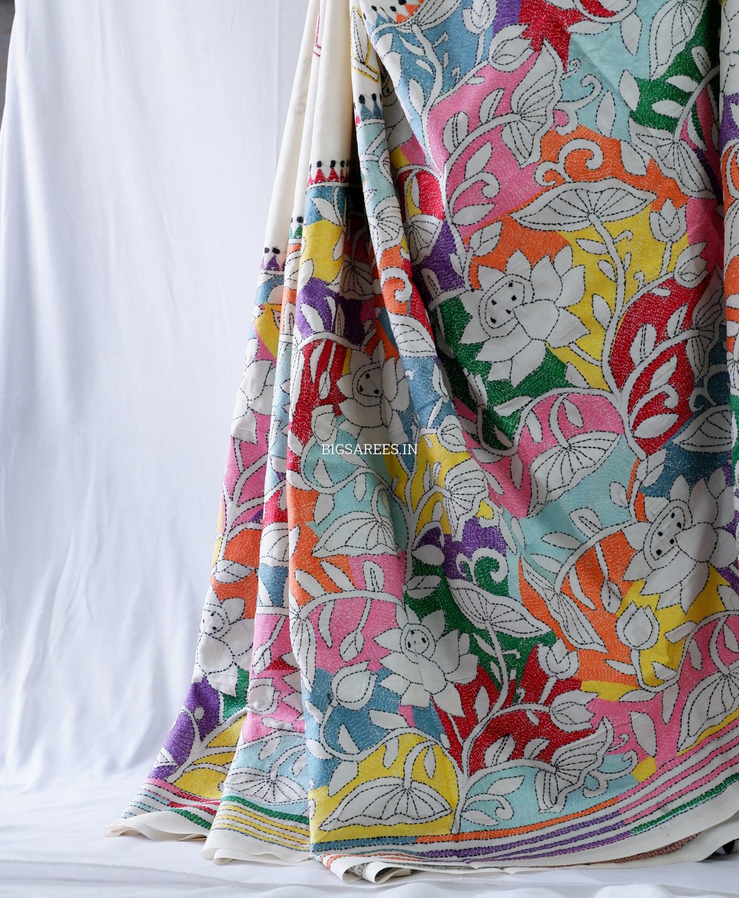 Reverse Kantha Stitch Hand Embroidered Saree | Mix Tussar Silk | Off - White