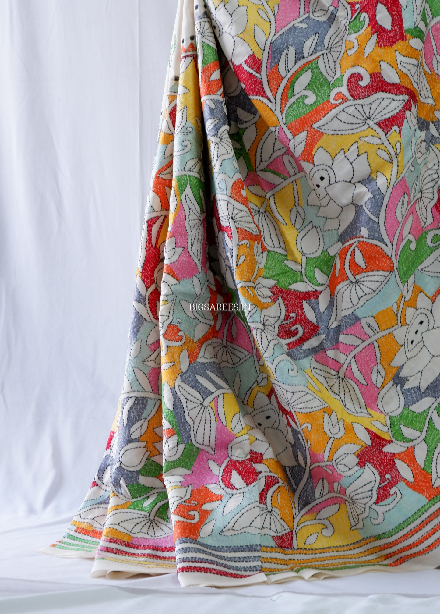 Reverse Kantha Stitch Hand Embroidered Saree | Mix Tussar Silk | Off - White
