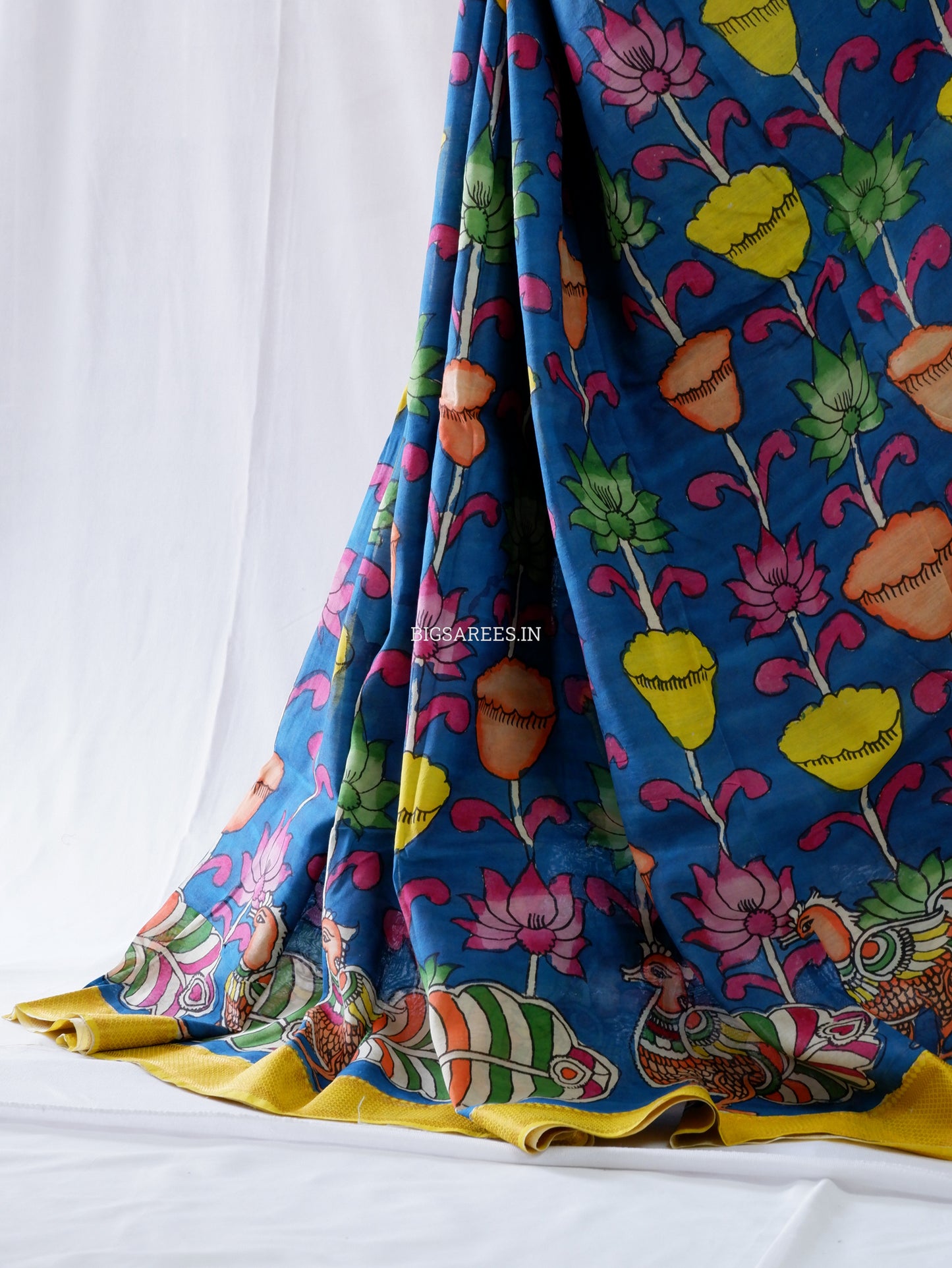 Hand-Painted Kalamkari Saree | Bangalore Silk | Azure Blue