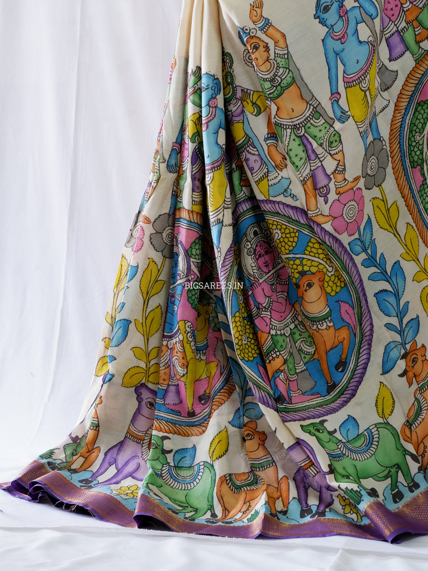 Hand-Painted Kalamkari Saree | Bangalore Silk | Beige