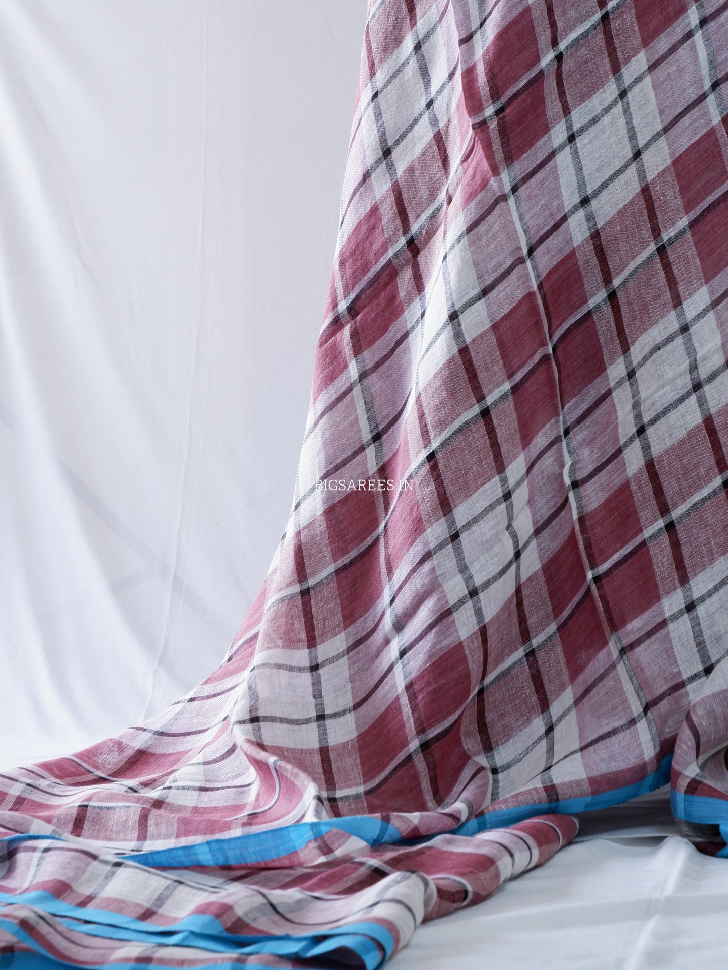 Pure Jayshree Linen Saree | Checks | Reddish Brown - White
