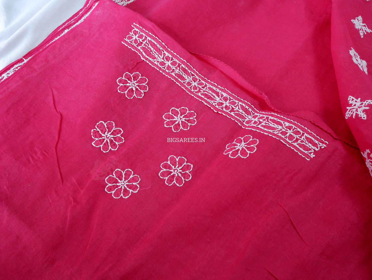 Chikankari Hand-Embroidered Saree | Heavy Work | Cotton | Onion Pink
