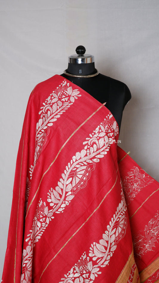 Hand-Embroidered Kantha Dupatta in Pure Khesh Cotton/Reds/36"