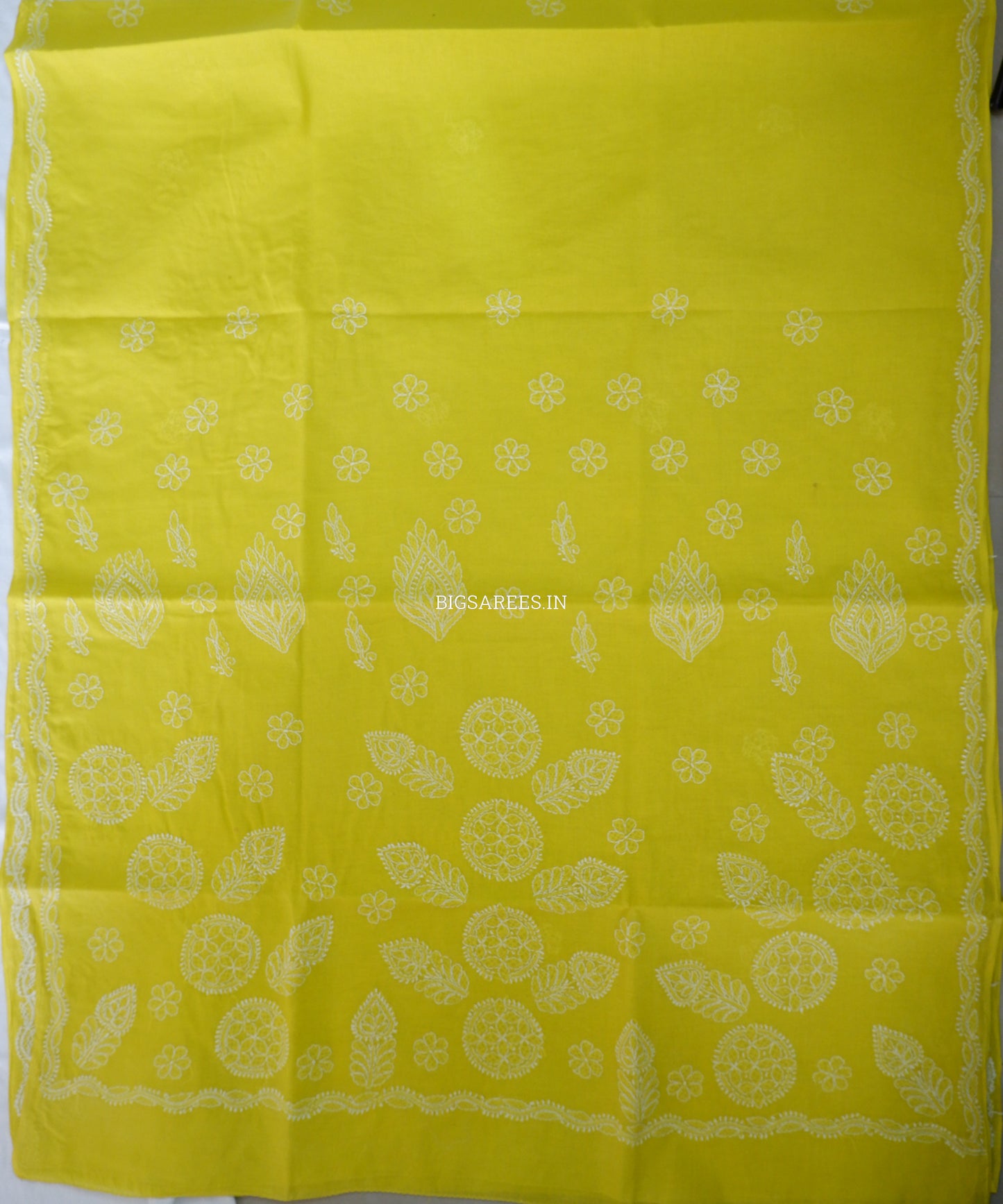 Chikankari Hand-Embroidered Saree | Heavy Work | Cotton | Chartreuse