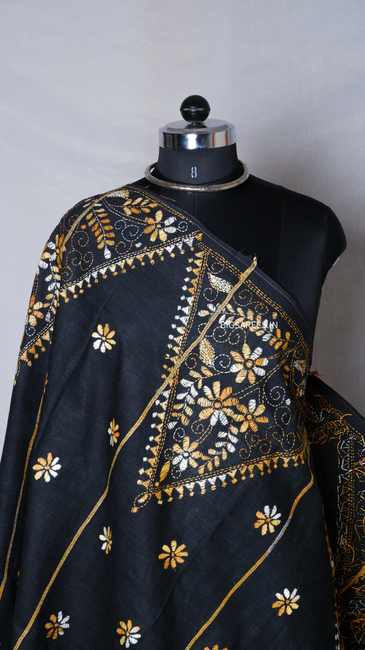Hand-Embroidered Kantha Dupatta in Pure Khesh Cotton/Black/36"