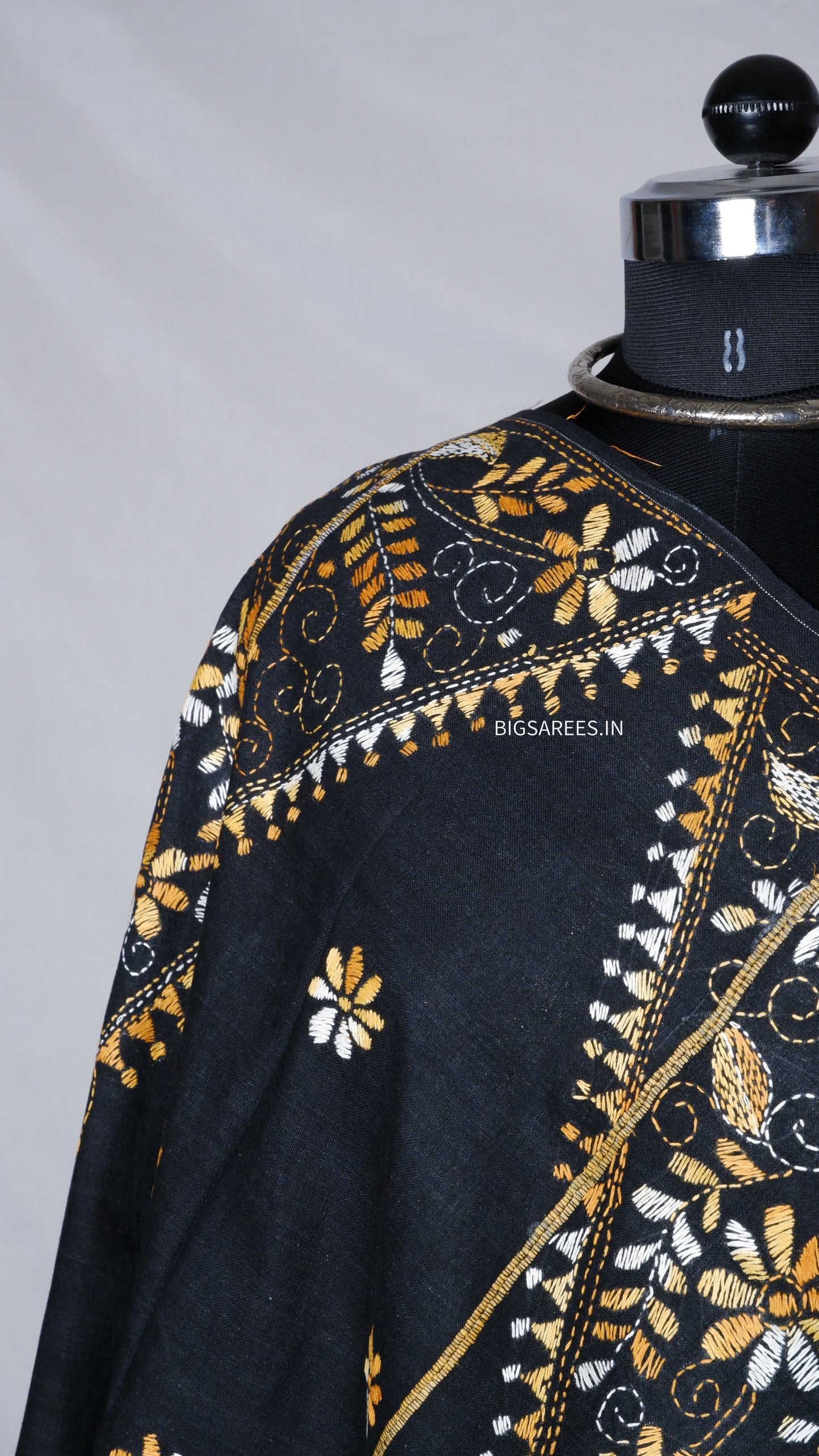 Hand-Embroidered Kantha Dupatta in Pure Khesh Cotton/Black/36"