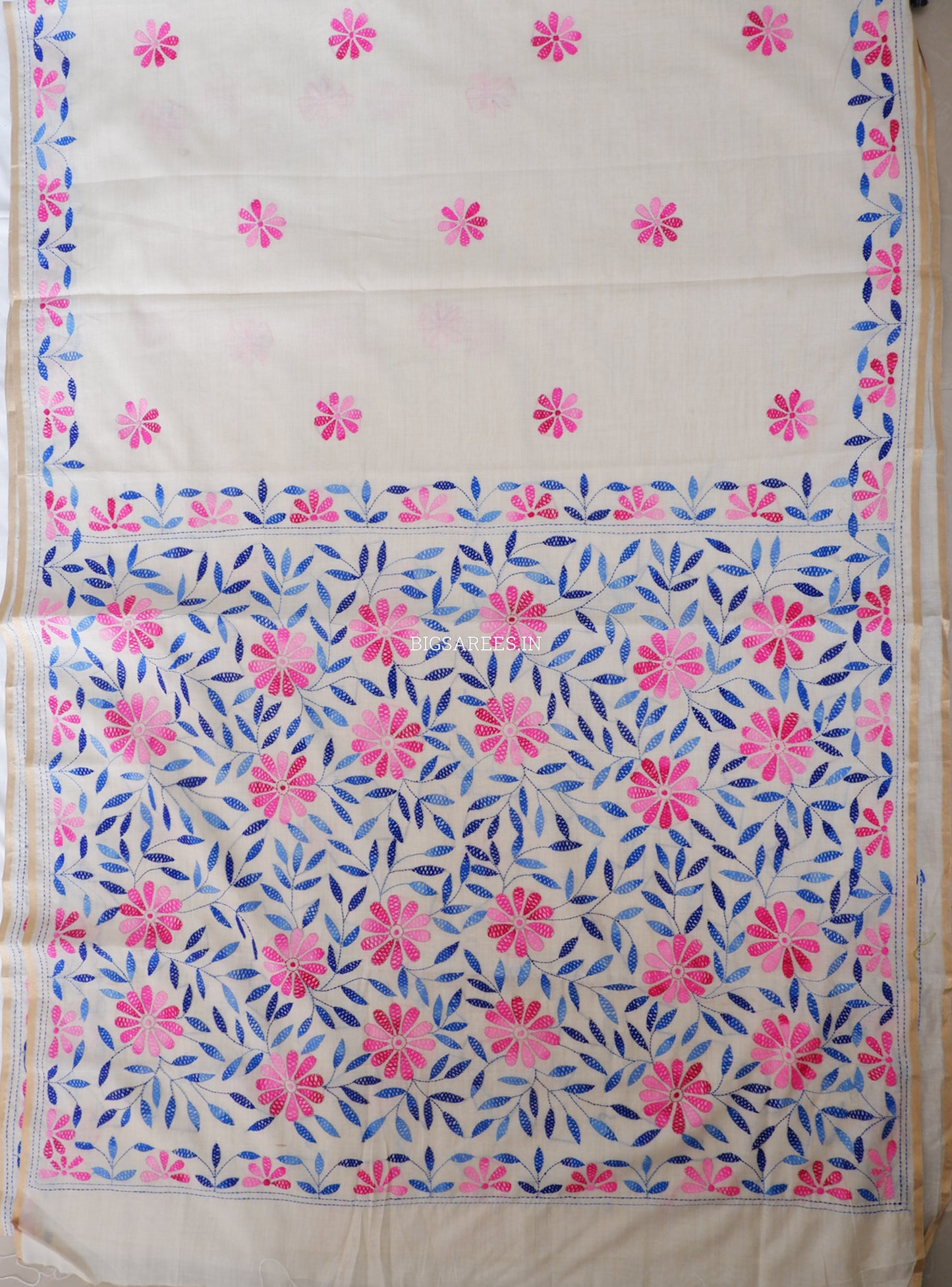 Kantha Stitch Semi Tussar with Blouse | Hand-Embroidered | Off White