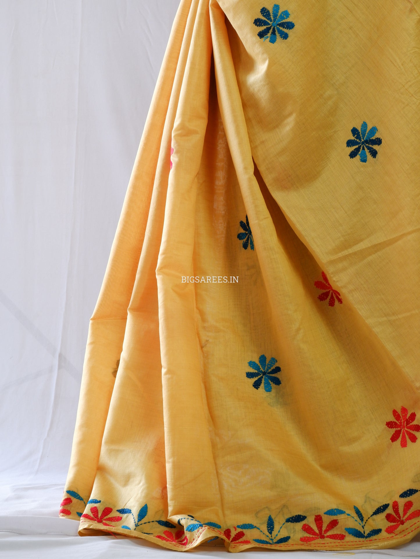 Kantha Stitch Semi Tussar with Blouse | Hand-Embroidered | Yellow