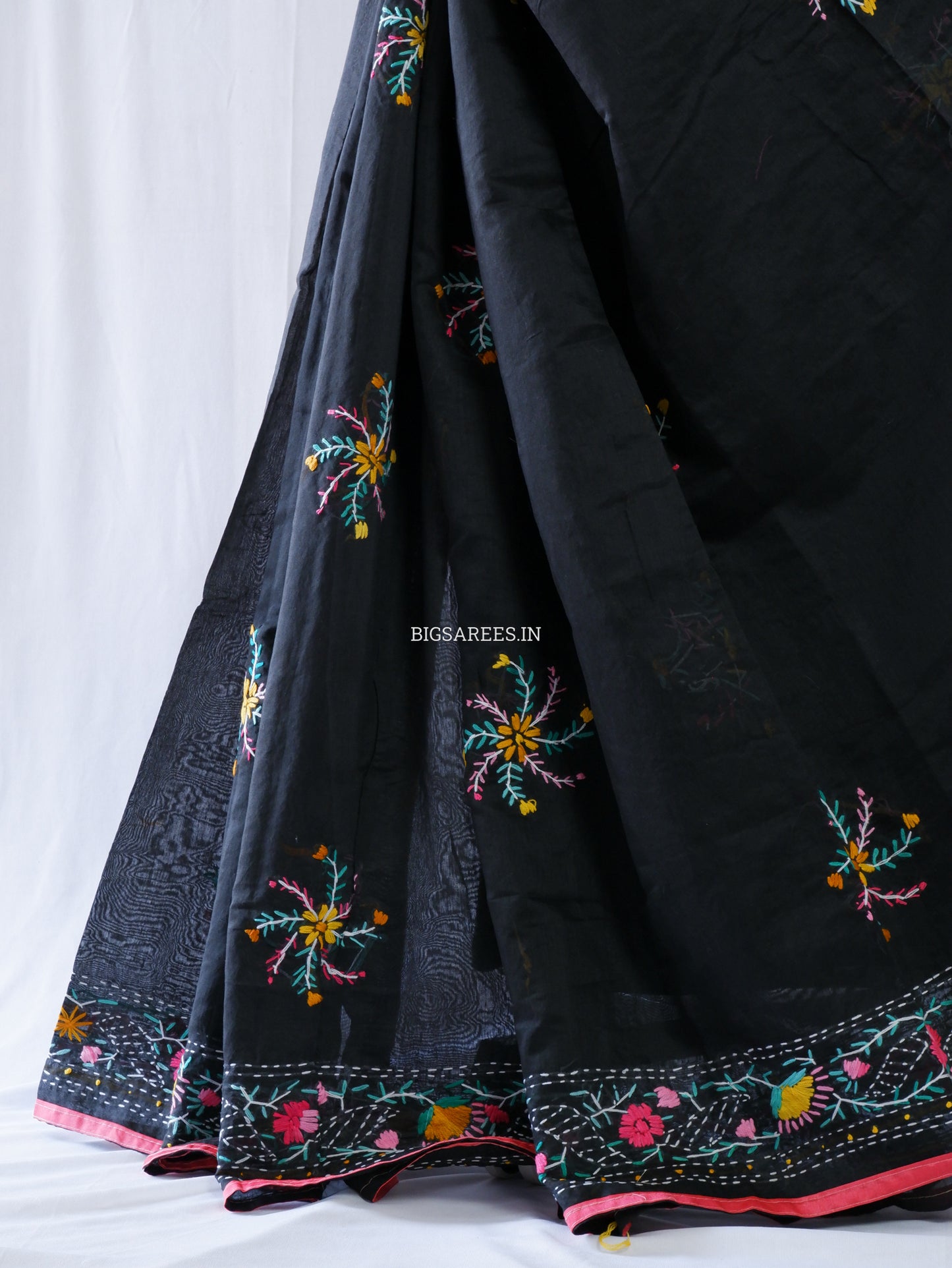 Phulkari Hand-Embroidered Saree | Chanderi Silk | Black