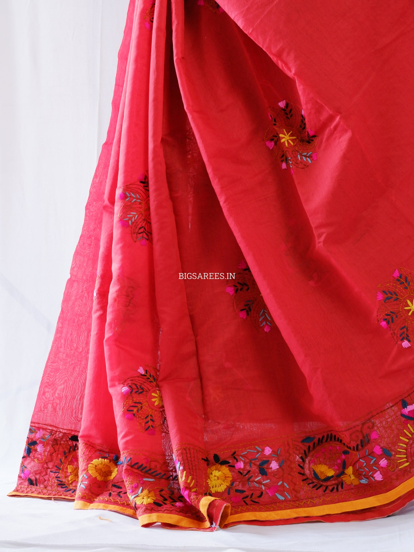 Phulkari Hand-Embroidered Saree | Chanderi Silk | Deep Red