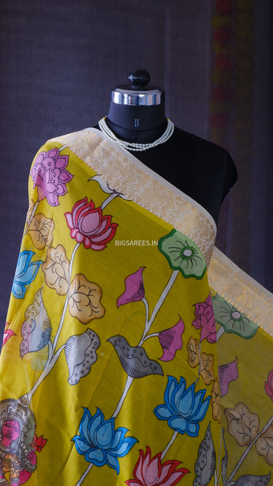 Pen Kalamkari Hand Painted Bangalore Silk Dupatta/Yellow/36"