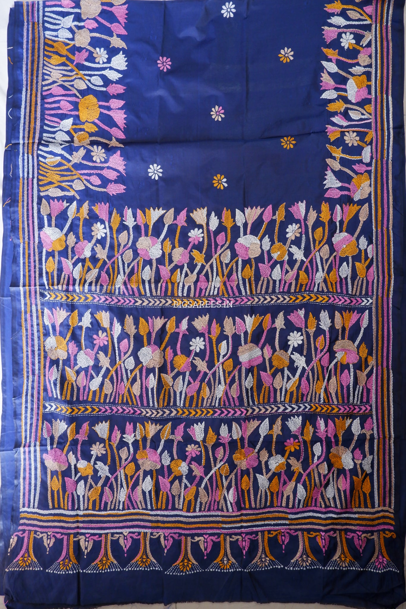 Kantha - Stitch Hand Embroidered Saree | Blended Bangalore Silk / Art Silk | Elegant Blue
